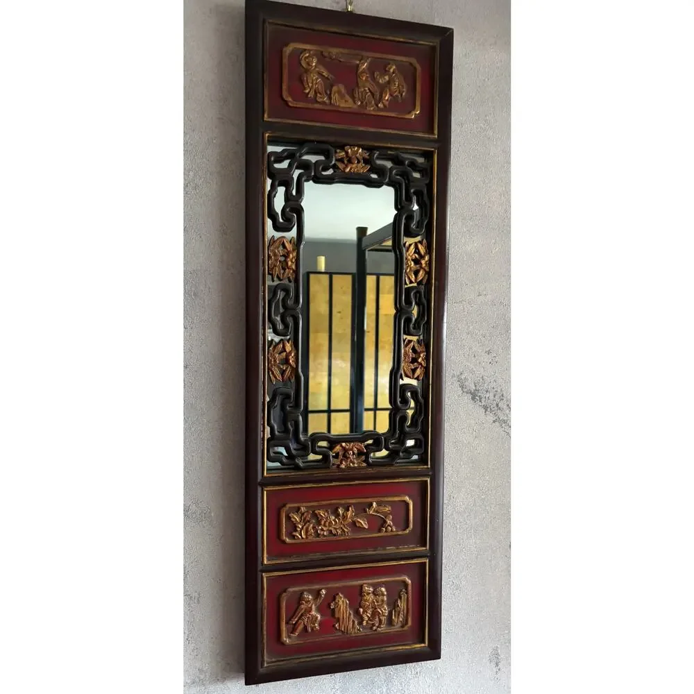 Vintage Chinese Chinoiserie Wall Panel Mirror Black Red Carved 38